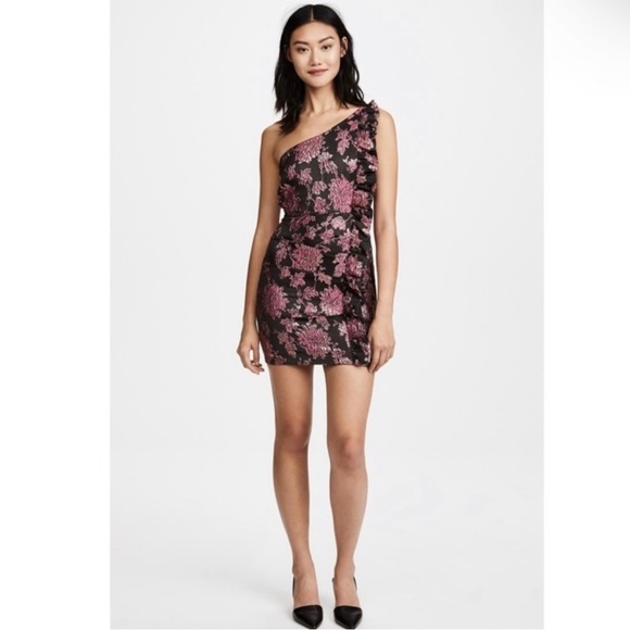 NEW FOR LOVE & LEMONS REVOLVE METALLIC FLORAL JACQUARD ONE-SHOULDER MINI DRESS - Picture 7 of 8